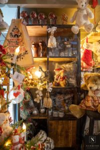 Stuffed animals, trees and Christmas decorations