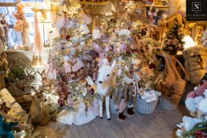 Stuffed animals, trees and Christmas decorations